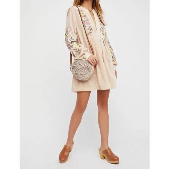 Free People Women's Sz S Beige Split Neck Velvet Embroidered Mia Mini Dress $150 - Picture 9 of 9